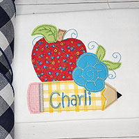 Apple with Pencil Machine Applique Design - Triple Stitch